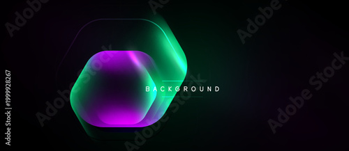 Abstract hexagon design. Vibrant gradients blend purple, green hues. Dark background enhances luminosity, creating modern visual effect.