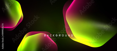 Abstract fluid shapes overlap, creating vibrant gradients. Dark background emphasizes luminous color transitions. Modern design element.