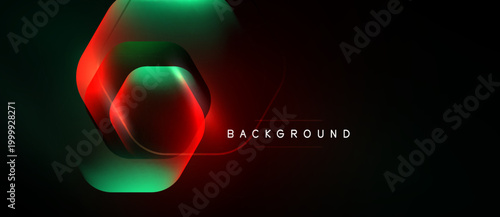 Abstract design features overlapping red, green layers. Dark background creates dramatic visual effect. Modern, dynamic composition.