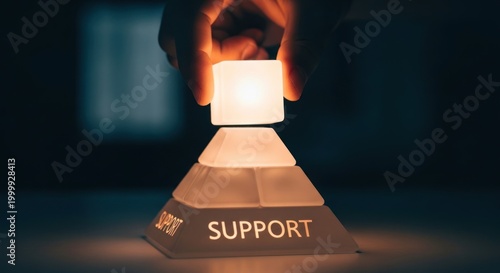 Hand placing glowing cube on top pyramid structure, for final piece successful project, strategic growth, business stability, achievement goal
