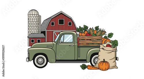 Green Vintage Pickup Truck with Pumpkins.