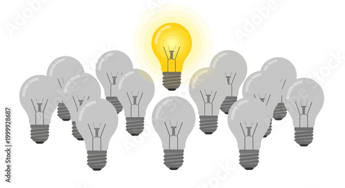 Bright Idea Light Bulb Standing Out From Many Dim Bulbs