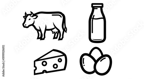 Dairy products and farm animal icons.