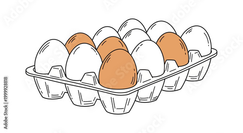 Brown and white eggs in carton.