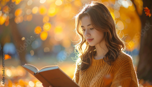 Young woman peacefully reading a book in an autumn park
