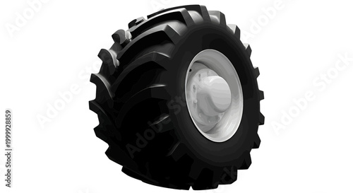 A large black tractor tire with deep treads on a, isolated for use in agricultural or industrial contexts