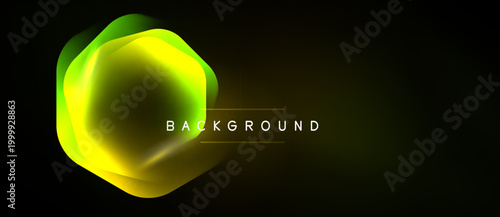 Abstract vibrant hexagon shape over black background. Gradient colors blend, creating luminous effect. Text reads background.