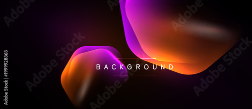 Abstract fluid shapes blend vibrant purple, orange hues. Dark background emphasizes flowing design, modern aesthetic. Text reads BACKGROUND.