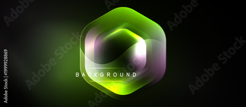 Abstract hexagon design. Vibrant green, purple hues blend. Dark background creates glowing effect. Modern, dynamic composition.