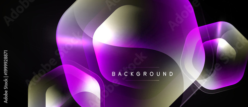 Abstract shapes overlap, creating vibrant purple, gold gradients. Dark background emphasizes luminous forms, modern design element.