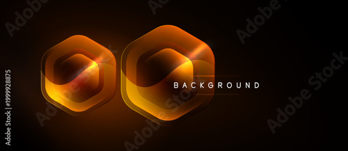 Dark background features two glowing orange hexagons. Bright light emanates from center, creating dynamic visual effect. Text reads background.