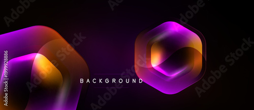 Abstract gradients, vibrant purple, orange hues dominate dark backdrop. Hexagonal shapes overlap creating dynamic visual effect.