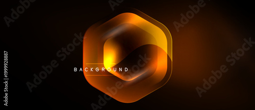 Abstract hexagon design. Orange, yellow gradients create dynamic visual effect. Dark background emphasizes glowing shape. Modern, artistic presentation.