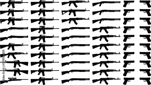 Firearm silhouette collection set with rifles shotguns pistols and weapon icons isolated on white background