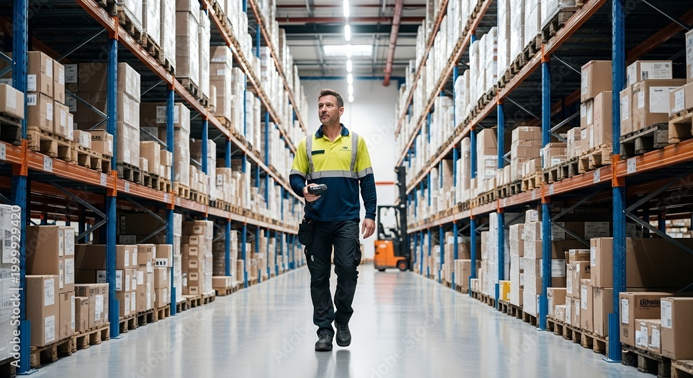 Fototapeta premium warehouse worker walking down aisle