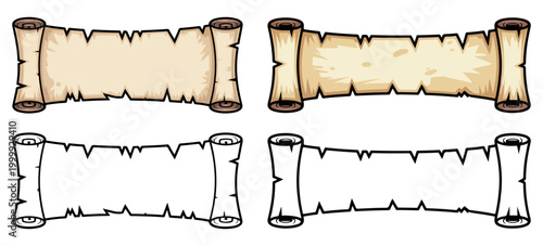 Old scroll vector illustration set isolated on white background, Vintage scroll illustration with blank parchment for text