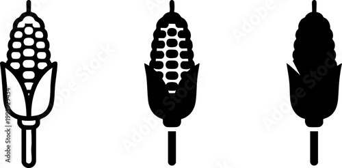 Corn cob icon set in different styles, maize symbols for harvest and organic food themes