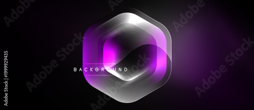 Dark background features layered hexagon shapes. Gradient purple, silver hues create modern abstract design. Text reads background.