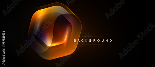 Abstract hexagon design. Orange, purple hues blend. Dark background creates dramatic visual effect. Modern, dynamic composition.