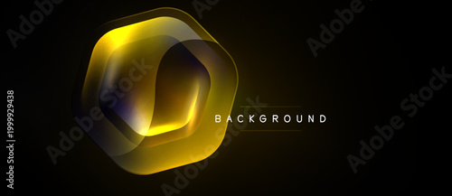 Golden hexagon layers overlap, creating luminous effect. Dark background emphasizes bright geometric design. Modern, abstract presentation.