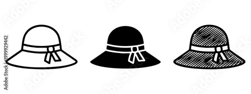 Sun hat icon set, summer fashion accessory symbols for beach and vacation themes