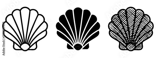 Scallop seashell icon set, bivalve marine symbols for ocean and seafood themes