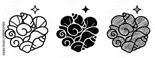 Heart Shaped Seashells Icon Set in Three Styles - Outline, Silhouette, and Hand-Drawn Sketch