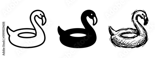 Set of Flamingo Pool Float Icons in Outline Silhouette and Hand Drawn Sketch Styles