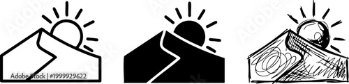 Set of Sun Setting or Rising Over Desert Dune Icons in Outline Silhouette and Hand Drawn Sketch Styles