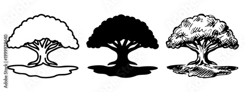 Large spreading tree icon set with outline, silhouette, and hand-drawn sketch styles on white background.