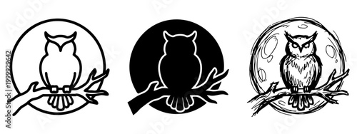 Owl on a branch with full moon icon set in outline, silhouette, and hand-drawn sketch styles.