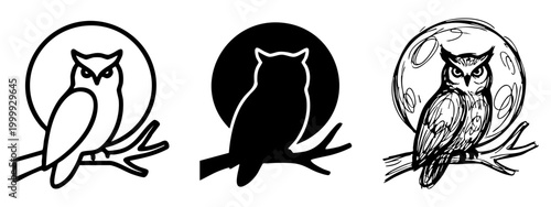 Perching owl in front of moon icon set with outline, silhouette, and hand-drawn doodle versions.