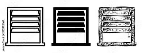 Window with blinds icon set with outline, silhouette, and hand-drawn sketch styles.