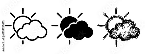 Sun and cloud weather icon set with outline, silhouette, and hand-drawn doodle styles.