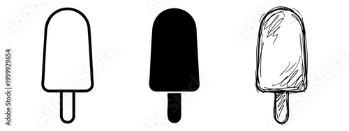 Popsicle ice cream icon set in outline, silhouette, and hand-drawn sketch styles on white background.