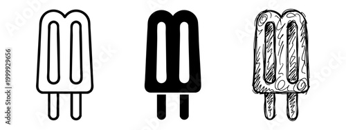Double twin popsicle icon set with outline, silhouette, and hand-drawn sketch versions.