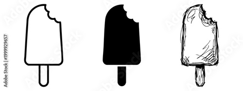 Popsicle with a bite icon set in outline, silhouette, and hand-drawn sketch styles.
