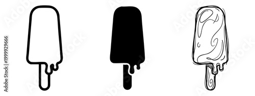 Obraz na płótnie Melting popsicle icon set with outline, silhouette, and hand-drawn doodle versions isolated