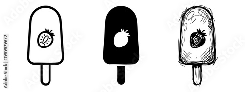 Strawberry popsicle ice cream icon set in outline, silhouette and hand drawn sketch styles