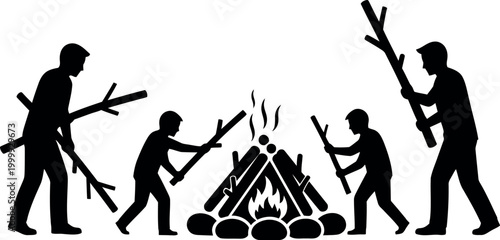 Human evolution silhouette from ape like to upright gathering around fire