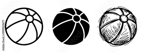 Beach ball icon set in outline, silhouette and hand drawn sketch styles for summer holiday
