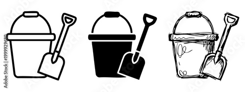Sand bucket and shovel icon set in outline, silhouette and hand drawn sketch styles for beach play