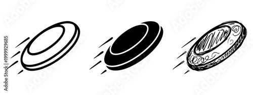 Bild auf Leinwand Flying disc frisbee icon set in outline, silhouette and hand drawn sketch styles