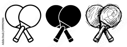 Table tennis paddles icon set in outline, silhouette and hand drawn sketch styles