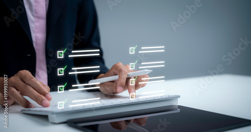 Fotografia Business person using digital checklist on tablet marking tasks with stylus repr