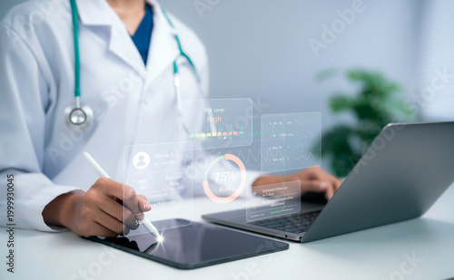 Принти на полотні Doctor analyzing patient data on digital tablet with virtual interface showing r