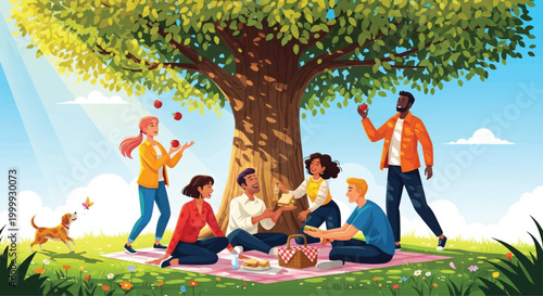 Diverse group, people having picnic, outdoors, under tree, sunny day, illustration