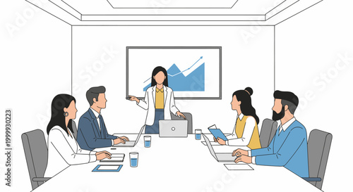 Business meeting with female presenter showing growth chart on screen in modern conference room