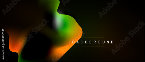Abstract fluid shapes blend, creating dynamic color gradients. Dark background emphasizes vibrant orange, green hues. Modern design element.