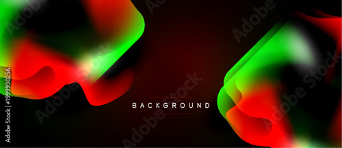 Abstract fluid shapes, vibrant red, green hues blend. Dark background creates dramatic visual impact. Modern design element.